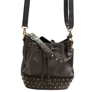 Gray Faux Leather Studded Bucket Bag – Drawstring Shoulder Purse